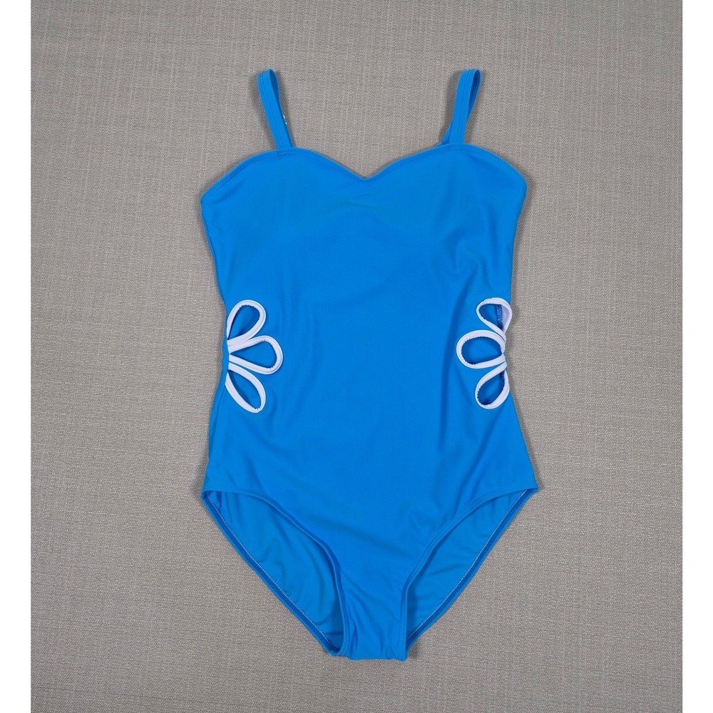 Blue‎ Flower Cutout One Piece Swimsuit Girls Size 15-16Y Sweetheart Neck